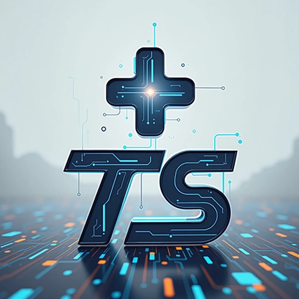 Create a wordmark logo : TS, T with cross appearance, tecnology, just white, black and blue, pass the idea "come to the digital world"