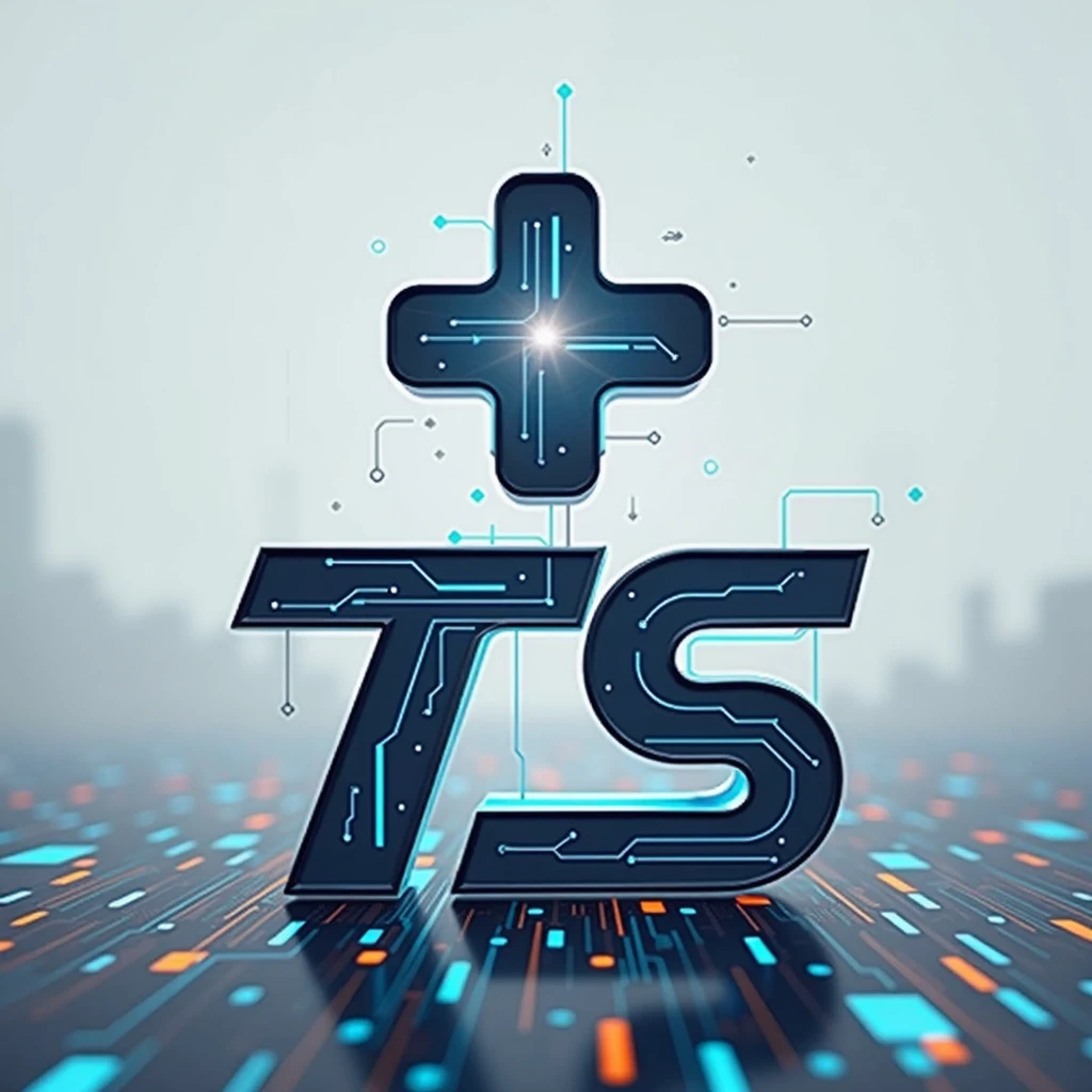 Create a wordmark logo : TS, T with cross appearance, tecnology, just white, black and blue, pass the idea "come to the digital world"