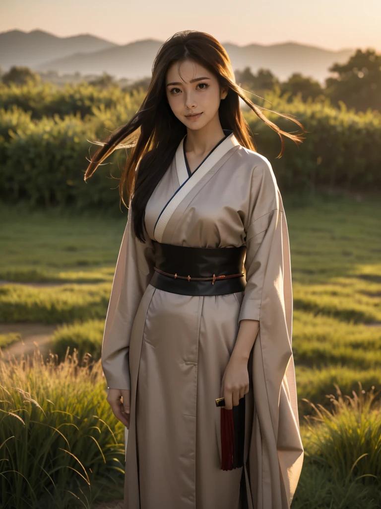 A lone samurai woman standing in a peaceful field at dusk, ready to draw her katana. She is wearing traditional samurai attire from the Sengoku period of Japan, consisting of a black and dark brown kimono-style robe with wide sleeves, tied with a dark obi around her waist. Her right hand is gripping the hilt of her katana, positioned near her waist as she prepares to draw it, while her left hand is steadying the sheath. Her posture is tense but focused, capturing the precise moment before action. Her hair is tied up in a traditional warrior style, and her face shows calm determination. The scene is set in a quiet field with tall grasses swaying gently in the wind, under the fading light of dusk. The color palette is soft and muted, with earthy tones for both the environment and her attire, and the background is simple, with birds flying in the distance."Additional Parameters:Style: Realistic, with a focus on action and tension in the poseLighting: Soft dusk lighting with warm, fading sunlight casting long shadowsColors: Dark black and brown tones for the attire, earthy and muted tones for the grass and skyComposition: The samurai woman centered, in a poised stance, with her katana halfway drawn, the quiet field around her creating a sense of serenity and focusEnvironment: Quiet field at dusk, soft wind moving the tall grass, birds flying in the distance