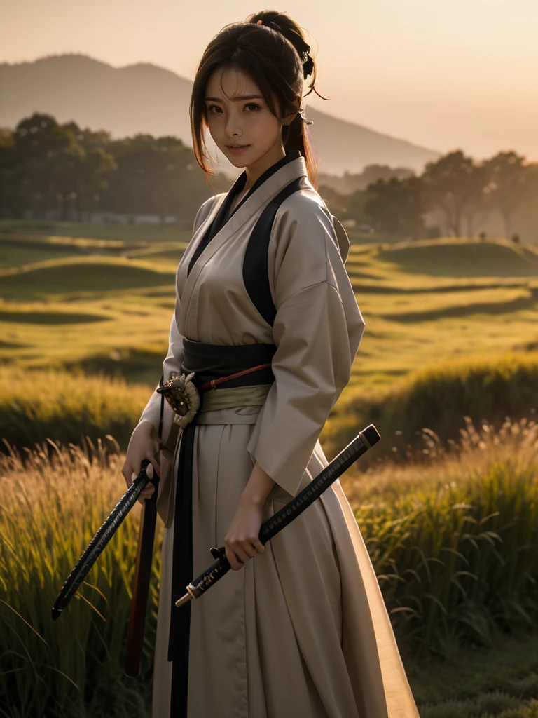 A lone samurai woman standing in a peaceful field at dusk, ready to draw her katana. She is wearing traditional samurai attire from the Sengoku period of Japan, consisting of a black and dark brown kimono-style robe with wide sleeves, tied with a dark obi around her waist. Her right hand is gripping the hilt of her katana, positioned near her waist as she prepares to draw it, while her left hand is steadying the sheath. Her posture is tense but focused, capturing the precise moment before action. Her hair is tied up in a traditional warrior style, and her face shows calm determination. The scene is set in a quiet field with tall grasses swaying gently in the wind, under the fading light of dusk. The color palette is soft and muted, with earthy tones for both the environment and her attire, and the background is simple, with birds flying in the distance."Additional Parameters:Style: Realistic, with a focus on action and tension in the poseLighting: Soft dusk lighting with warm, fading sunlight casting long shadowsColors: Dark black and brown tones for the attire, earthy and muted tones for the grass and skyComposition: The samurai woman centered, in a poised stance, with her katana halfway drawn, the quiet field around her creating a sense of serenity and focusEnvironment: Quiet field at dusk, soft wind moving the tall grass, birds flying in the distance