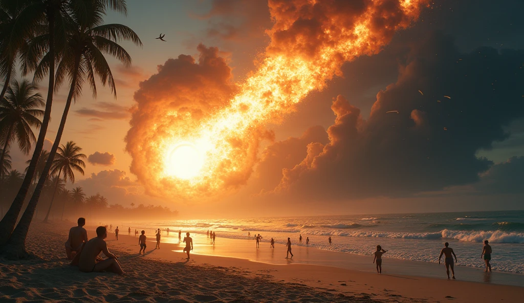 A beach scene where the sky darkens and the atmosphere becomes tense due to the approaching meteor. The once bright and sunny beach, with people swimming and sunbathing, is overshadowed by the meteor's ominous presence. The sky shows a growing fireball, and the overall ambiance shifts from peaceful to foreboding, with a shadowy aura enveloping the beach as panic begins to spread.