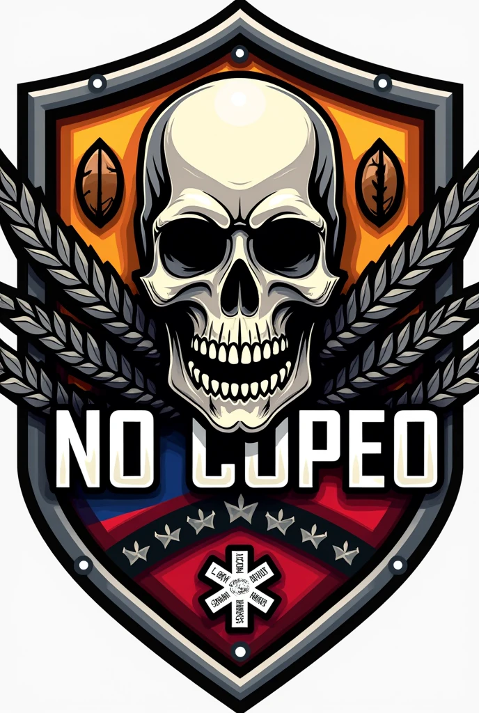 Design a logo for a biker group called "No Copeo". The logo should be in the shape of a shield
1. Background and Border: Use the Colombian flag (yellow, blue and red) as the background of the shield or as the outer border of the logo.
2. *skull*: Place a skull in the center of the shield. The skull should have a bold style.
3. Central Elements:
- Beer: Place a stylized image of a beer just below the skull.
- Coffee Bean: Place a coffee seed at the bottom of the shield or on one side.
- Tire: Integrate a tire behind the skull or on the sides, in a way that complements the design without overwhelming the other elements.
- Medicine Sign: Place the medical sign (Caduceus or similar symbol) in a corner of the shield or at the bottom as an additional detail.
4. Text: Surround the shield with the text "No Copeo" in a robust and clear font that stands out around the edge of the logo.
5. Colors and style: Use vibrant colors for the flag and black or gray details for the skull, with metallic colors for the tire and the medical sign, also that the State should be a logo with a modern style