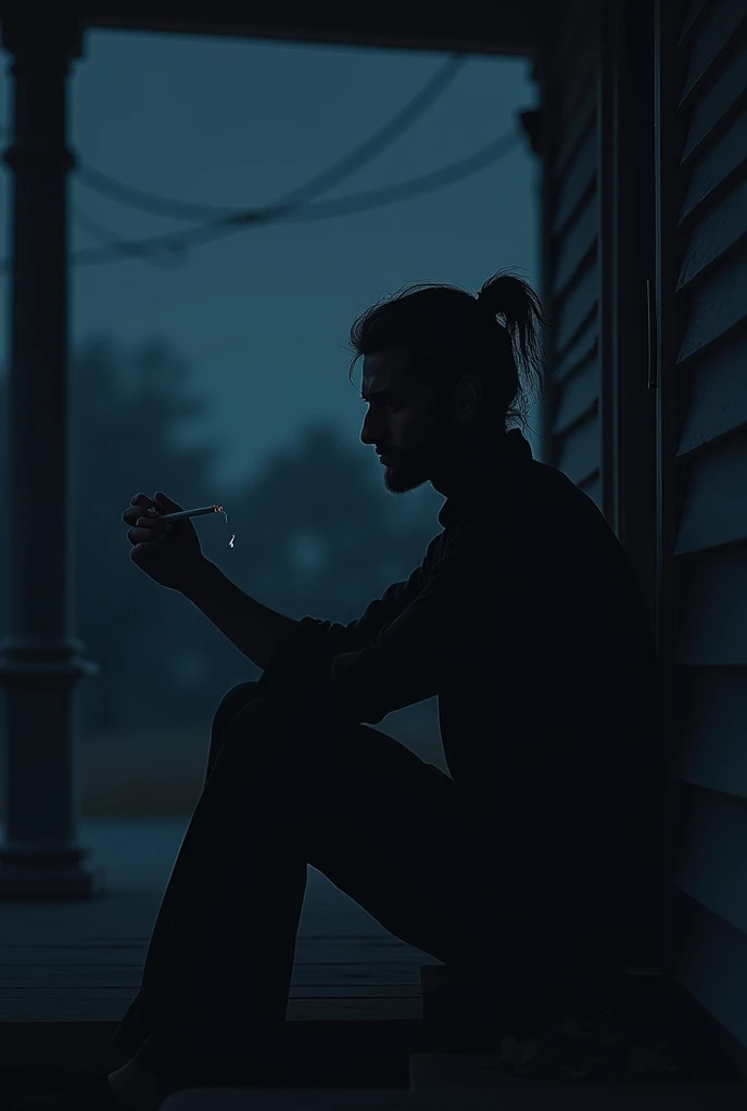 The silhouette of a man sitting on the porch of the house,sad atmosphere,A cigarette slipped in his hand,The heavy burden of life,the night,Long hair is tied up