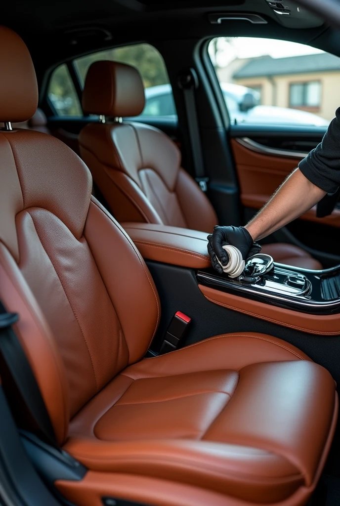 Interior Upholstery and Saddlery Restoration:
Prompt: An image of a luxury car’s leather seats being carefully cleaned and conditioned by a detailer. The focus should be on the texture and richness of the leather, with before-and-after sections showing the restoration process. The detailer’s hands should be visible, applying a conditioning product that brings out the leather's natural sheen.