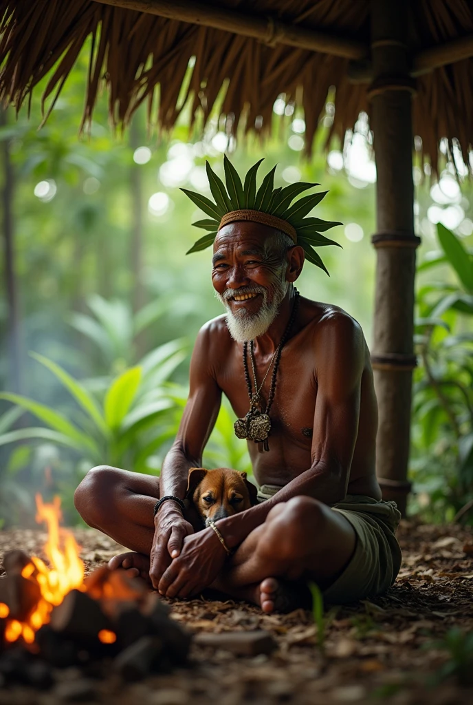 ( photo realism 1.2) photo realistic high detailed old native male smile sitting on simple  bamboo hut with dog sleeping under the hut  morning mode with campfire cinematic Malaysia forest cinematic view  some effect dark mode night no shirt leaves craft on head