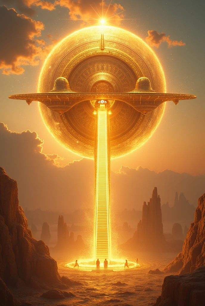 A spherical floating sun temple , made of gold and glass of elegant style. It is floating in the sky and is connected to the land by a gigantic staircase made of sun rays. The building is magical and mystical. It has its city surrounding it, simmilar to the summerian cities.