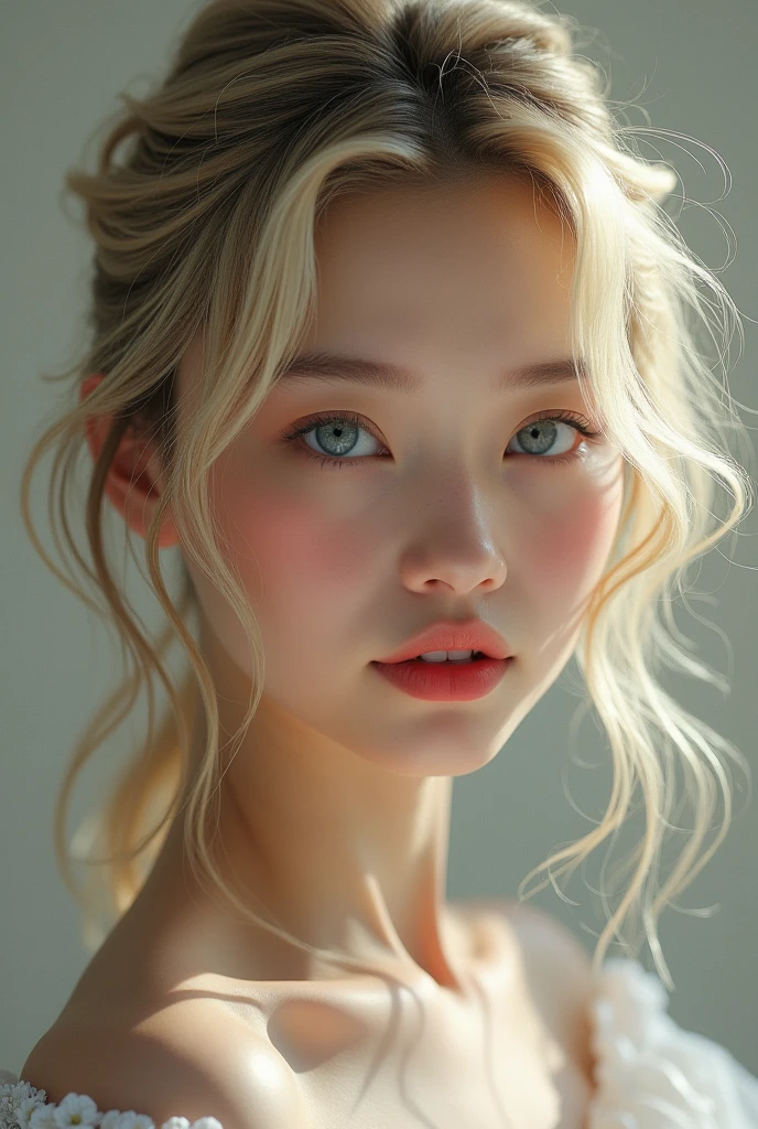 A young woman, very sensual, classic beauty face, Caucasian features/Asian, blond hair, white complexion with some blush on the cheeks, blue eyes, thin red lips drawing a smile. 