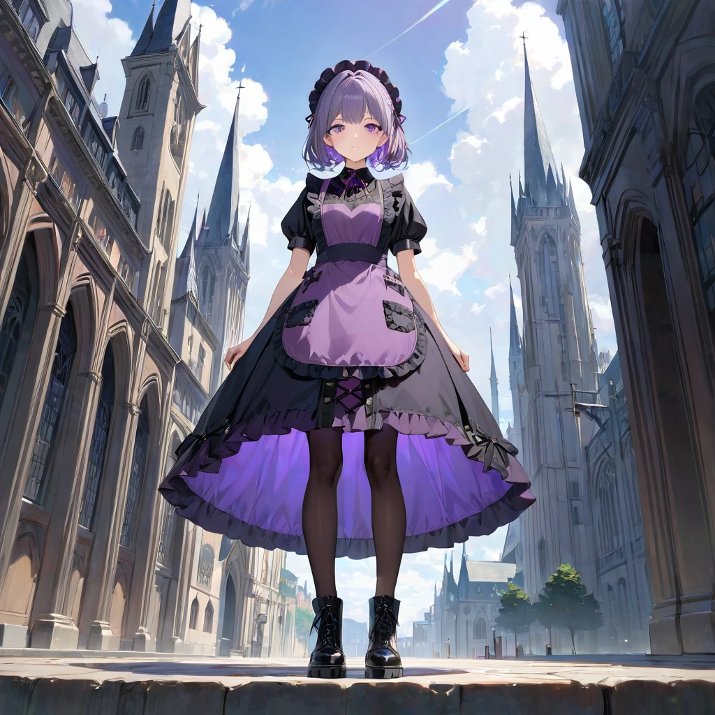 (((masterpiece))),(((best quality))),(((extremely detailed))), 1girl, solo, gothic lolita, short girl, neutral face, looking at viewer, standing, contrapposto, front view , full body, long floating grey hair , purple eyes, BREAK (very (((dark))) ((purple)) ((apron)) on top), (((long very ((dark)) purple dress))), (black cross-laced footwear, black pantyhose), (lace-up boots), BREAK gothic architecture, building, cloudy sky