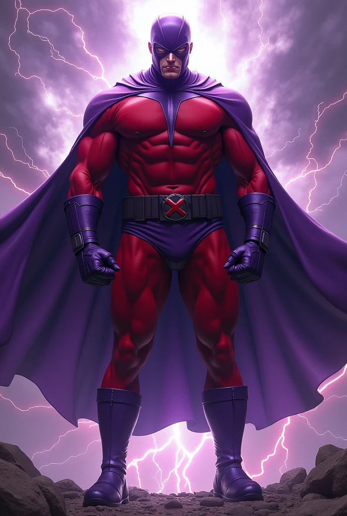 Magneto, X-Men, magneto helmet, red suit, purple belt, gloves and boots, purple cape, muscular, electricity, magnetism