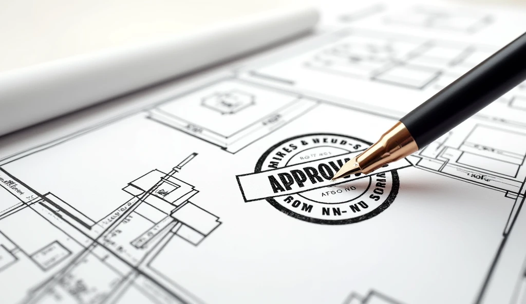 HAND-DRAWN PLAN IMAGE, WITH A PEN AND SCALE ABOVE AND A STAMP IN INK OVER THE PLAN THAT SAYS APPROVED