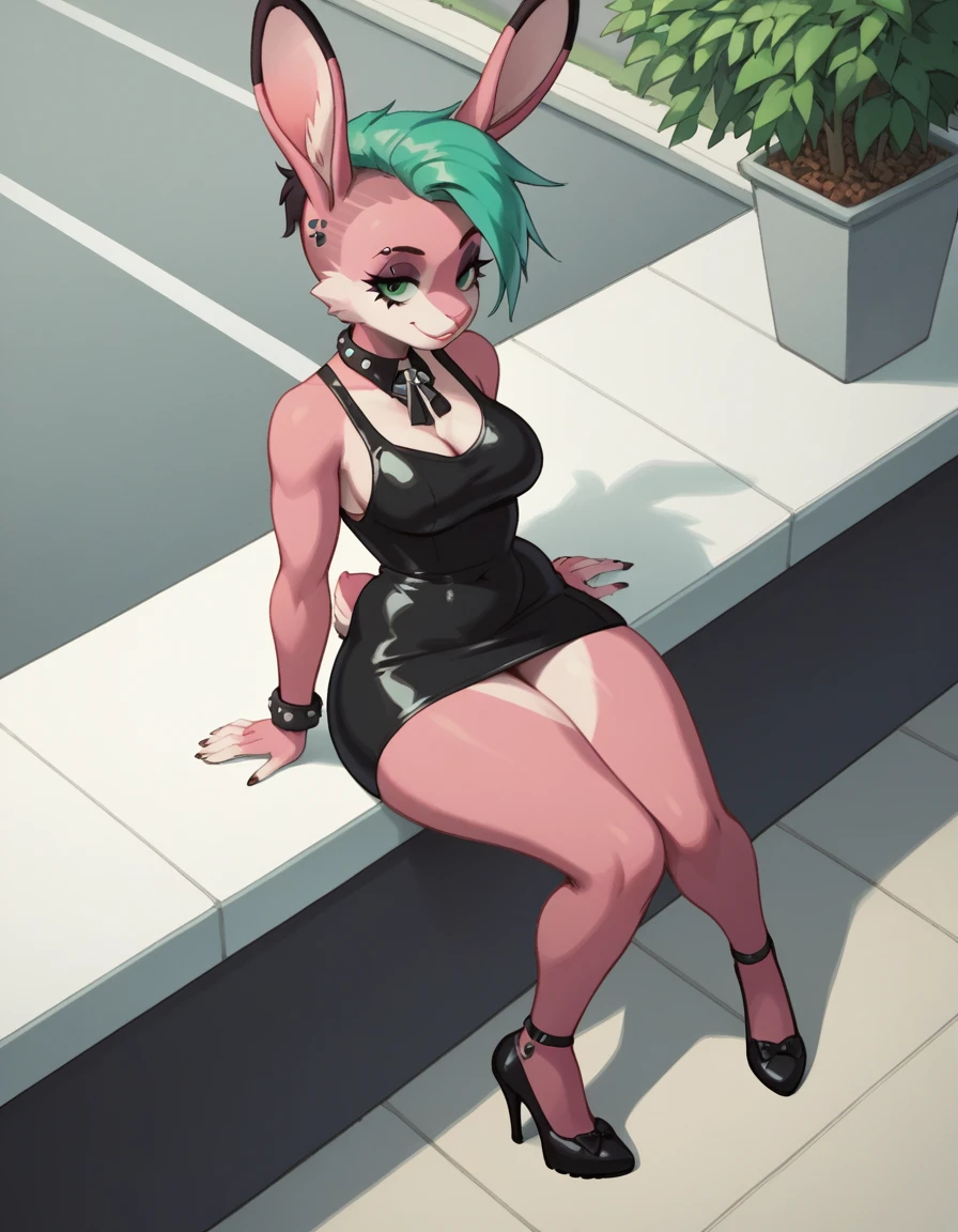 rabbit 1.0, furry bunny 2.0, Female, mini dress, high heels, lecherous look, 1 Female, Near angle, short haircut,(punk 3.0),[piercing], Sitting in a street café, nice place, Sitting outside, Beautiful city in the background, city in Italy