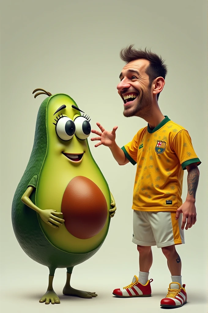 A man wearing a soccer jersey mocking an avocado with big eyes, big eyelashes, and big nails.