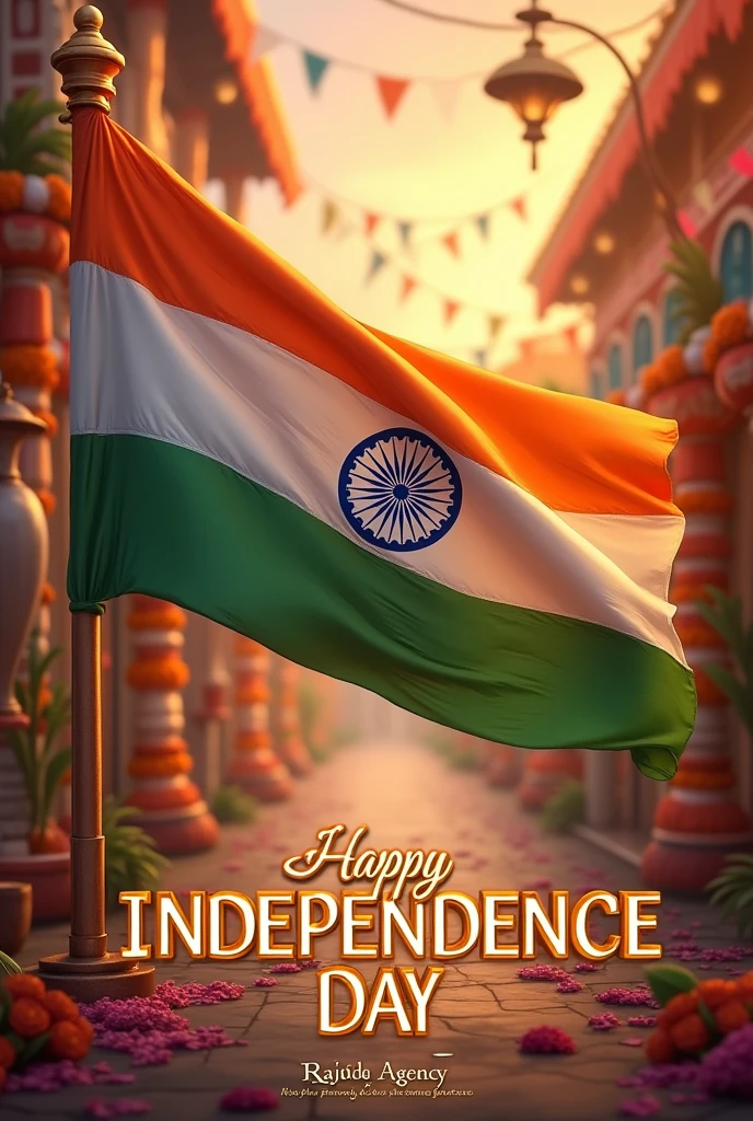 Create an image celebrating Indian Independence Day. Include vibrant decorations, such as the Indian flag and traditional elements, with the text 'Happy Independence Day' prominently displayed. At the bottom or in a corner, add 'Rajde Agency' in a clear, stylish font