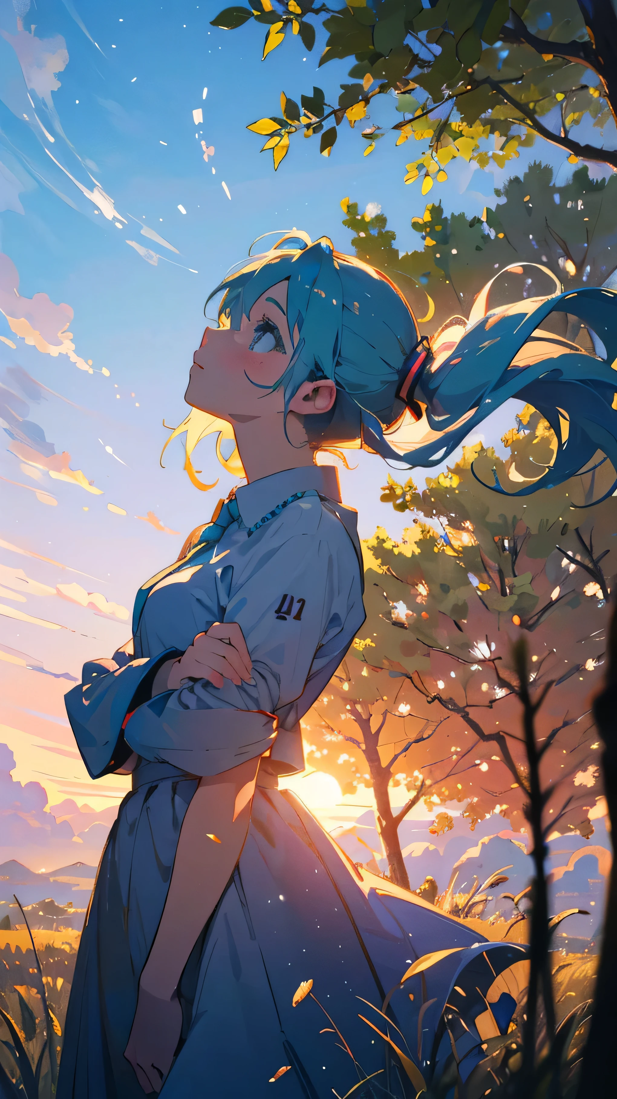 (masterpiece,best quality:1.4), high resolution,super fine illustration, detailed skin, detailed face, detailed eyes,”Describe a serene scene of Hatsune Miku gazing up at the sky at dawn, with soft rays of sunlight filtering through the clouds. The atmosphere is calm and peaceful, with a gentle breeze rustling through the trees. Hatsune Miku's hair and dress flow gracefully in the wind, and there is a sense of tranquility and hope in her expression."