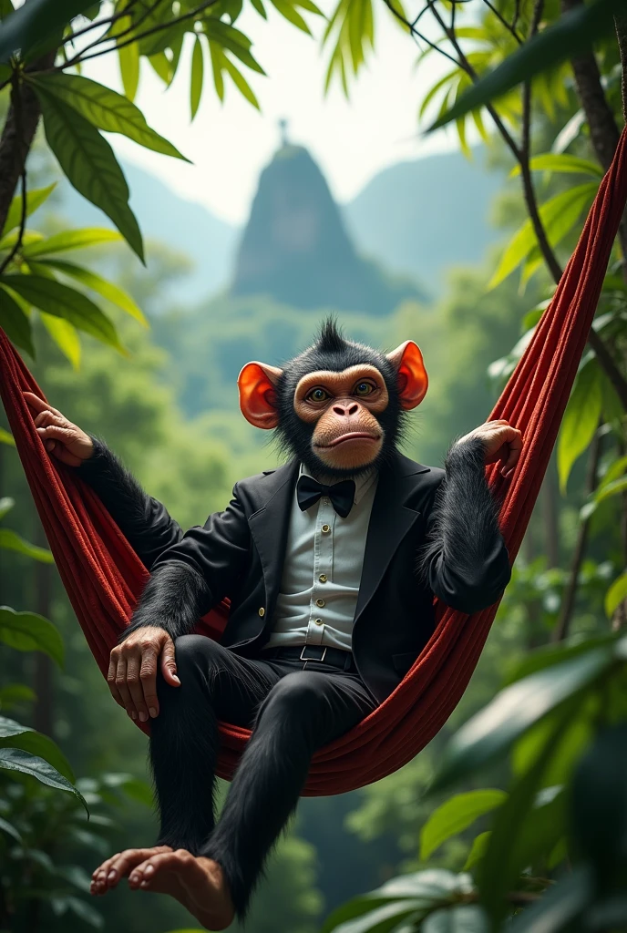 A monkey with a sly look dressed as Mandrake , lying in a hammock in a tree in the middle of the rainforest, with a view of the Sugarloaf Mountain and Christ the Redeemer in the background.