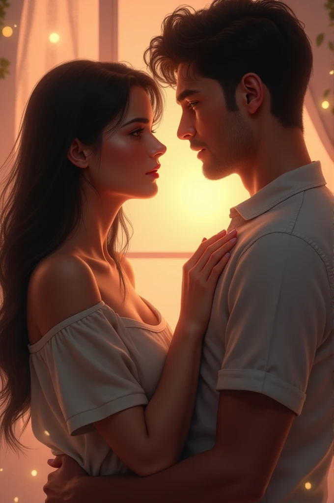 Generate an image of a couple where the girl tells the boy to forgive her, that she loves him and that he is everything in her life ...