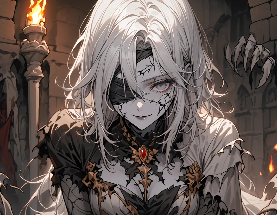 solo, female, grey skin, long white hair, silver hair brooch, dry body, bandaged eyes, blindfolded, decayed body, gentle smile, pinup pose, elegant rotten gown, dressed in royal rags, graceful, close up, crypt, dark, worn clothes, thin hair, torch, cracked skin, close up, bony hands, bone claws