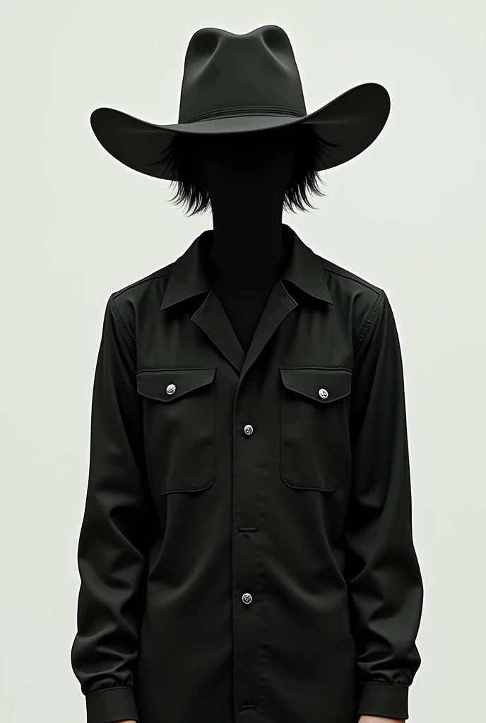 Teenage male character with a completely black cowboy hat and a black work suit, with no head and black hair
