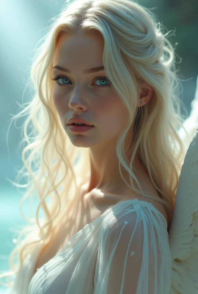 Make a woman with angelic beauty, blonde hair, an oval face, and blue eyes.