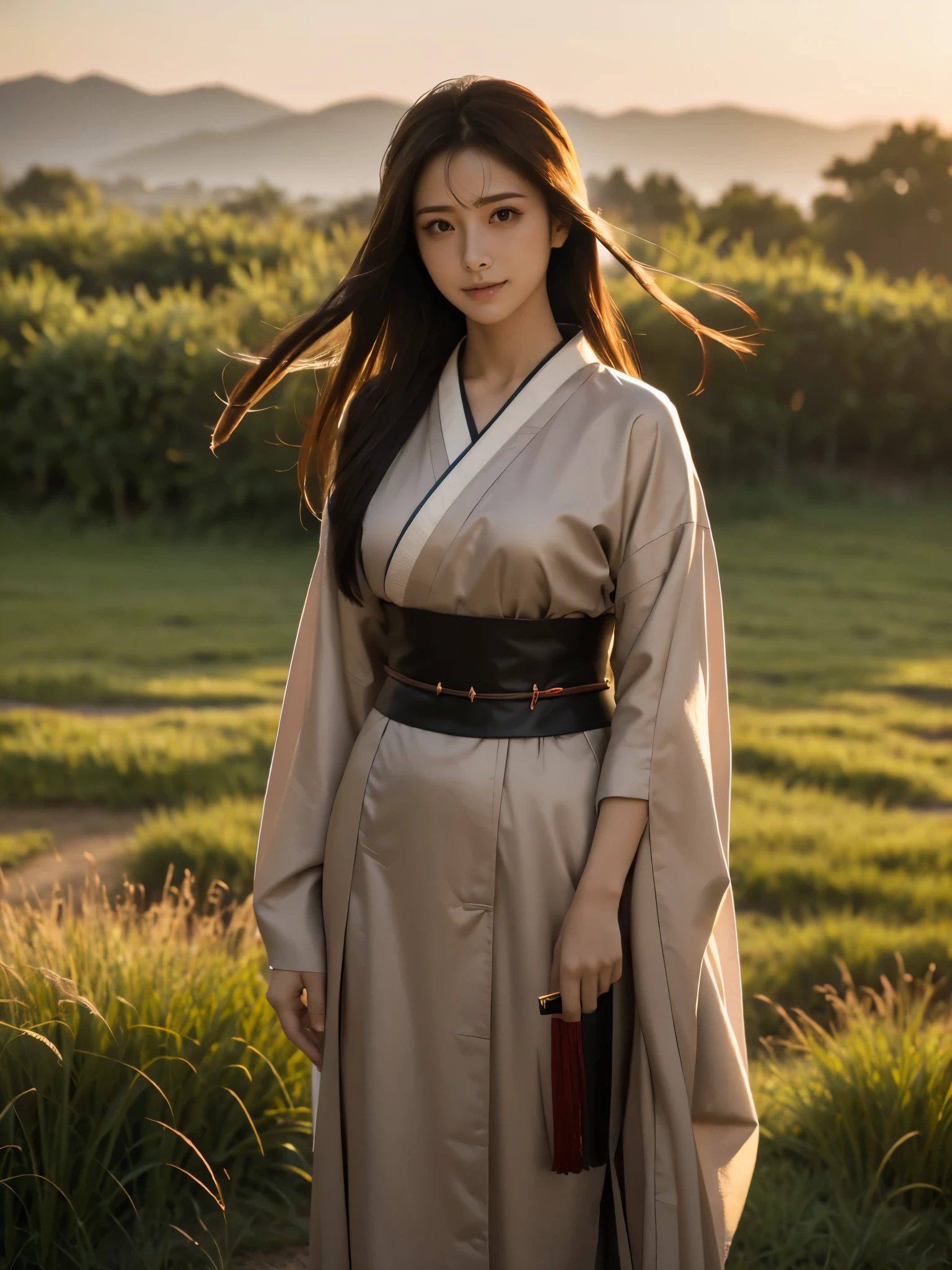 A lone samurai woman standing in a peaceful field at dusk, ready to draw her katana. She is wearing traditional samurai attire from the Sengoku period of Japan, consisting of a black and dark brown kimono-style robe with wide sleeves, tied with a dark obi around her waist. Her right hand is gripping the hilt of her katana, positioned near her waist as she prepares to draw it, while her left hand is steadying the sheath. Her posture is tense but focused, capturing the precise moment before action. Her hair is tied up in a traditional warrior style, and her face shows calm determination. The scene is set in a quiet field with tall grasses swaying gently in the wind, under the fading light of dusk. The color palette is soft and muted, with earthy tones for both the environment and her attire, and the background is simple, with birds flying in the distance."Additional Parameters:Style: Realistic, with a focus on action and tension in the poseLighting: Soft dusk lighting with warm, fading sunlight casting long shadowsColors: Dark black and brown tones for the attire, earthy and muted tones for the grass and skyComposition: The samurai woman centered, in a poised stance, with her katana halfway drawn, the quiet field around her creating a sense of serenity and focusEnvironment: Quiet field at dusk, soft wind moving the tall grass, birds flying in the distance