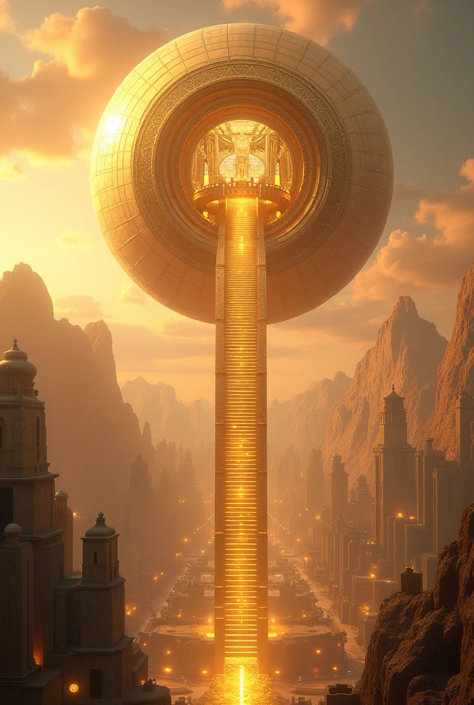 A spherical floating sun temple , made of gold and glass of elegant style. It is floating in the sky and is connected to the land by a gigantic staircase made of sun rays. The building is magical and mystical. It has its city surrounding it, simmilar to the summerian cities. 