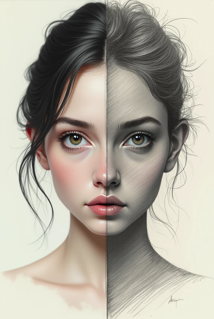 Create an image that is half a girl and the other half the same girl but in a drawing