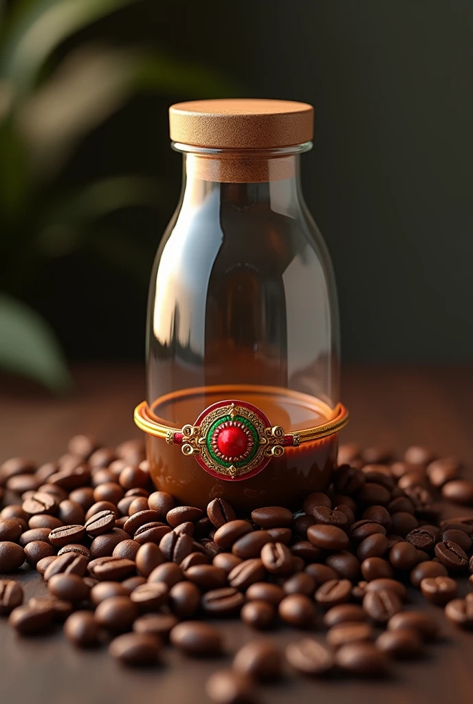 A transparent class coffee bottle named Tsunami holding a rakhi on rakshabandhan At cooffee beans