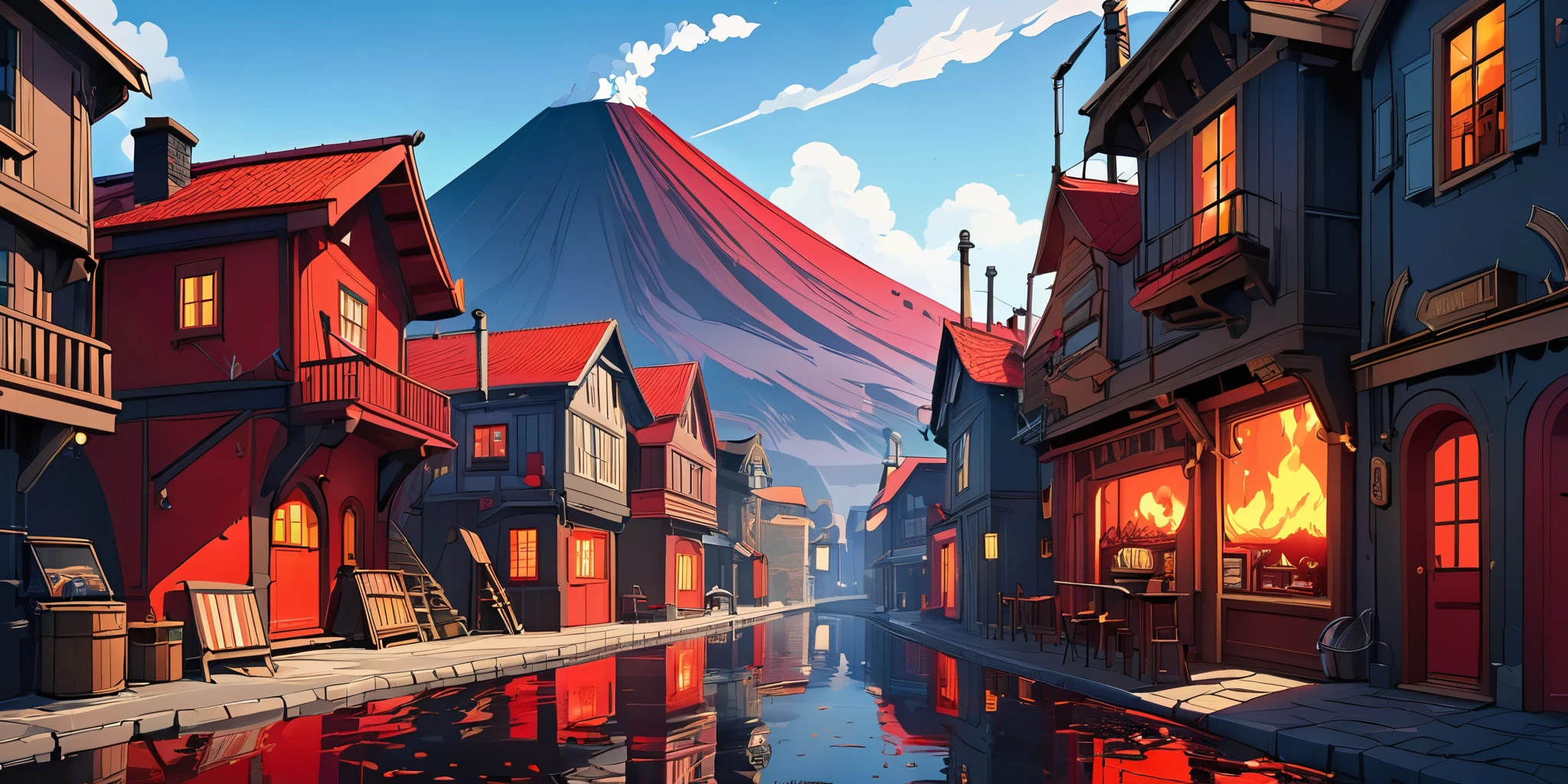 Dessinez une affiche d'anime lofi, village, volcan, Décoration Steampunk, lave, Lumière, une belle palette de couleurs en noir rouge, couleurs saturées vibrantes, ouvrages d'art, les jours, thème animé