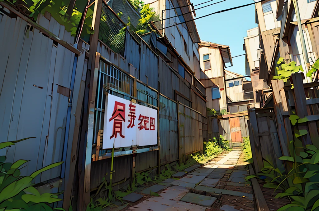old screen fence, it is covered in weeds, there is a small rusty rectangular warning sign that says "Don't approach" with a common font of warning signs. Blurred background of an abandoned factory. Close up and in perspective. 