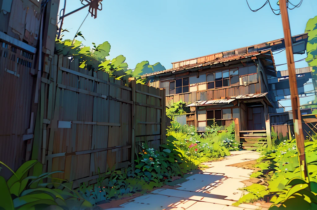 old screen fence, it is covered in weeds, there is a small rusty rectangular warning sign that says "Don't approach" with a common font of warning signs. Blurred background of an abandoned factory. Close up and in perspective. 