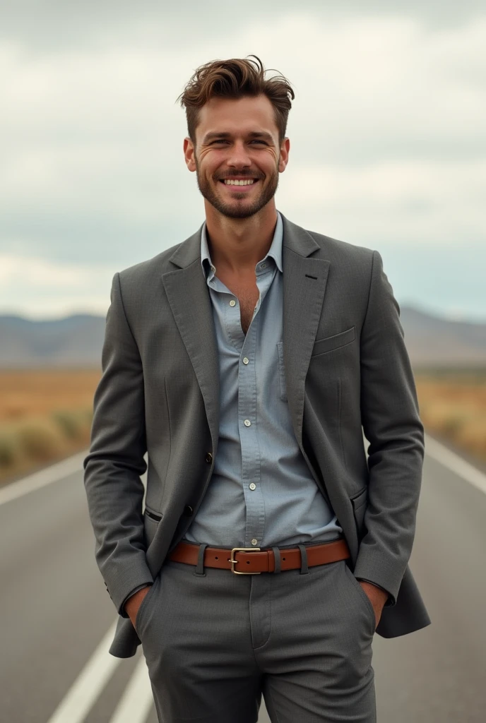 A young american man on road, little smile on face, well dressed, grey color outfit, little smile on face, looking in camera