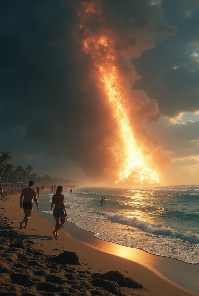 A beach scene where the sky darkens and the atmosphere becomes tense as a meteor approaches and falls onto the beach. The once bright and sunny beach, with people swimming and sunbathing, is overshadowed by the meteor's ominous presence. The sky shows a growing fireball, and the overall ambiance shifts from peaceful to foreboding, with a shadowy aura enveloping the beach as panic begins to spread with the meteor crashing down on the sand.