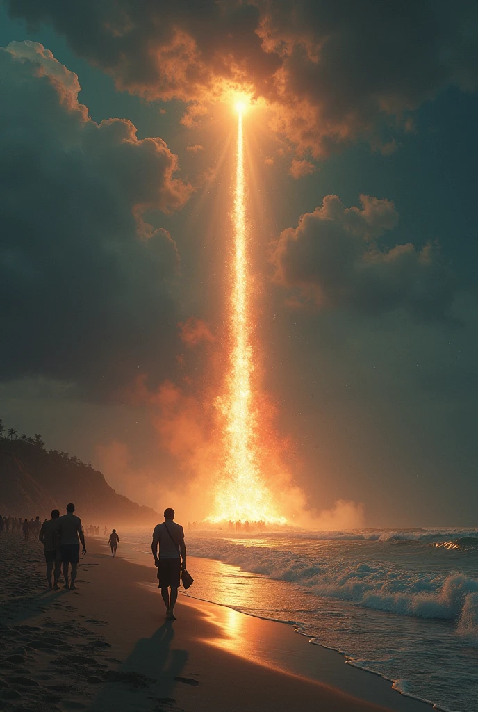 A beach scene where the sky darkens and the atmosphere becomes tense as a meteor approaches and falls onto the beach. The once bright and sunny beach, with people swimming and sunbathing, is overshadowed by the meteor's ominous presence. The sky shows a growing fireball, and the overall ambiance shifts from peaceful to foreboding, with a shadowy aura enveloping the beach as panic begins to spread with the meteor crashing down on the sand.