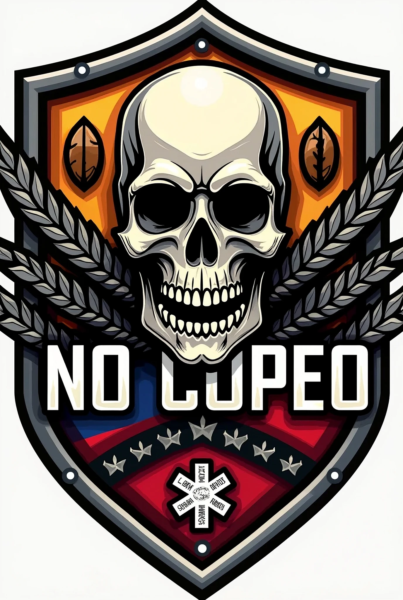 Design a logo for a biker group called "No Copeo". The logo should be in the shape of a shield
1. Background and Border: Use the Colombian flag (yellow, blue and red) as the background of the shield or as the outer border of the logo.
2. *skull*: Place a skull in the center of the shield. The skull should have a bold style.
3. Central Elements:
- Beer: Place a stylized image of a beer just below the skull.
- Coffee Bean: Place a coffee seed at the bottom of the shield or on one side.
- Tire: Integrate a tire behind the skull or on the sides, in a way that complements the design without overwhelming the other elements.
- Medicine Sign: Place the medical sign (Caduceus or similar symbol) in a corner of the shield or at the bottom as an additional detail.
4. Text: Surround the shield with the text "No Copeo" in a robust and clear font that stands out around the edge of the logo.
5. Colors and style: Use vibrant colors for the flag and black or gray details for the skull, with metallic colors for the tire and the medical sign, also that the State should be a logo with a modern style