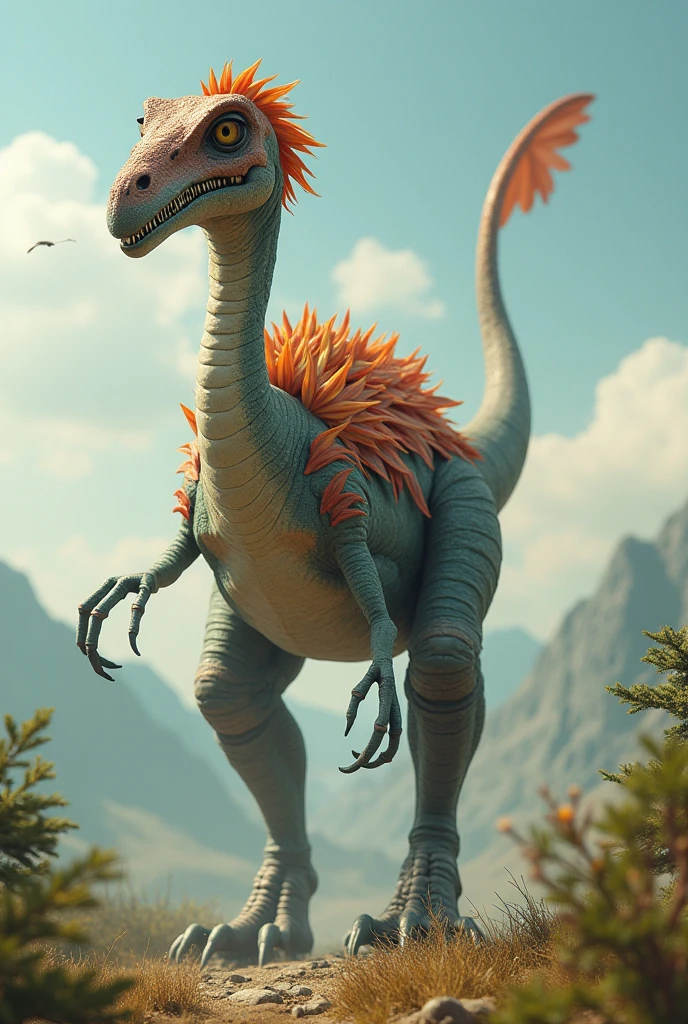 Fictional herbivorous dinosaur, 5 meters tall and slender in appearance, 4 eyes on the skull, with a thick beak, with 67cm teeth, having long arms and claws of 5 meters, with a long neck of 5 meters of feathered torso and long legs that allow it to run over 46 M long, having a long tail of 8 meters and full of feathers