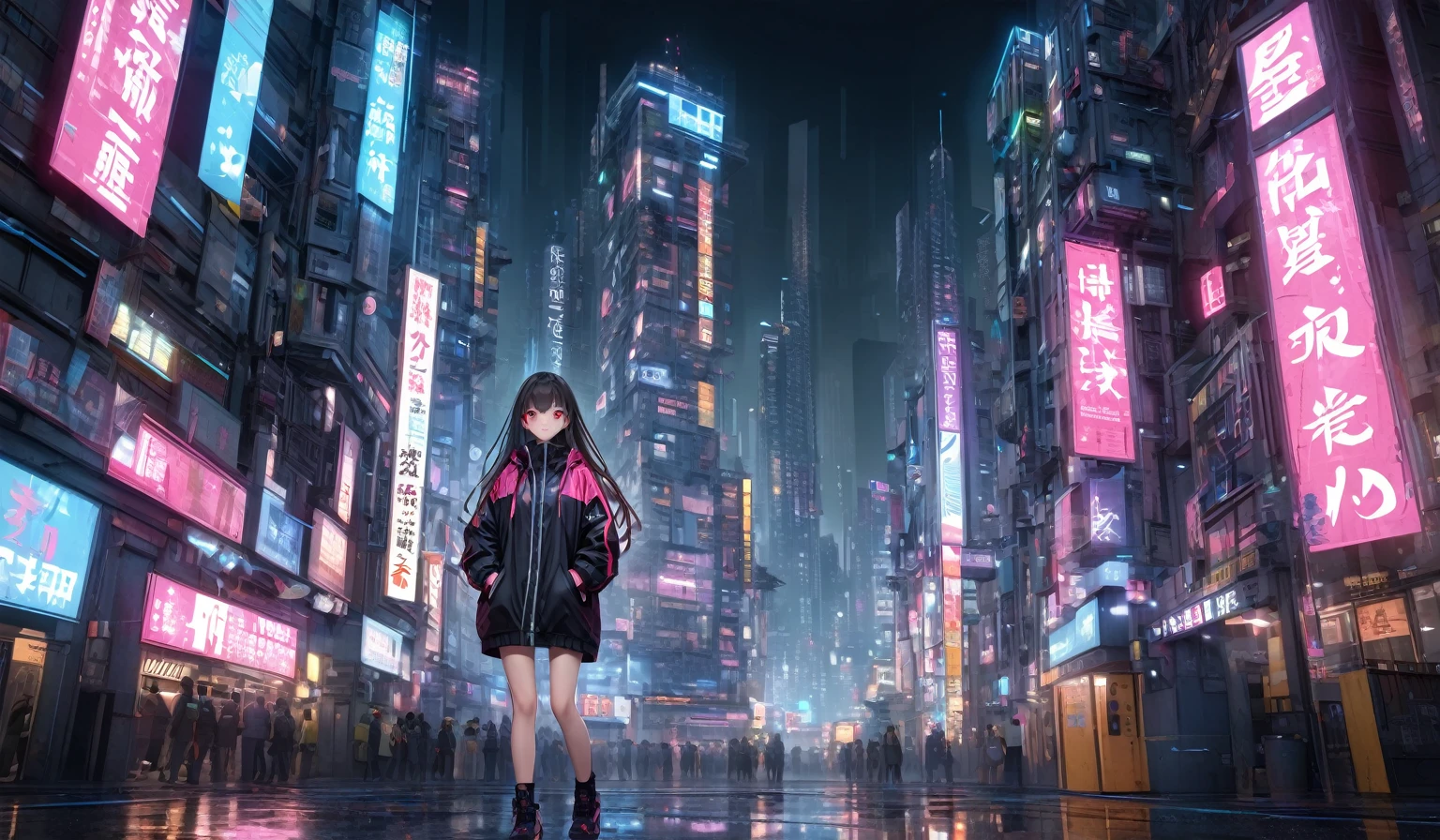 Full color, (transparency:2.0), BREAK extreme detailed, ultra-realism, detailed and realistic skin texture, cyberpunk, Detailed and intricate texture, Detailed and intricate brushwork, Detailed and clear depiction, Cinematic lighting effects, volumetric lighting, Very fancy detailed photorealistic background, The scene is a very dark night, The scene is densely filled with skyscrapers, japanese texts, neons, night, dark, dim, BREAK A girl is standing among skyscrapers, 1girl, solo, finely detailed eyes, red eyes, reflective eyes, beautiful girl, long hair, windbreaker jacket, hands in pockets, looking at viewer, cowboy shot