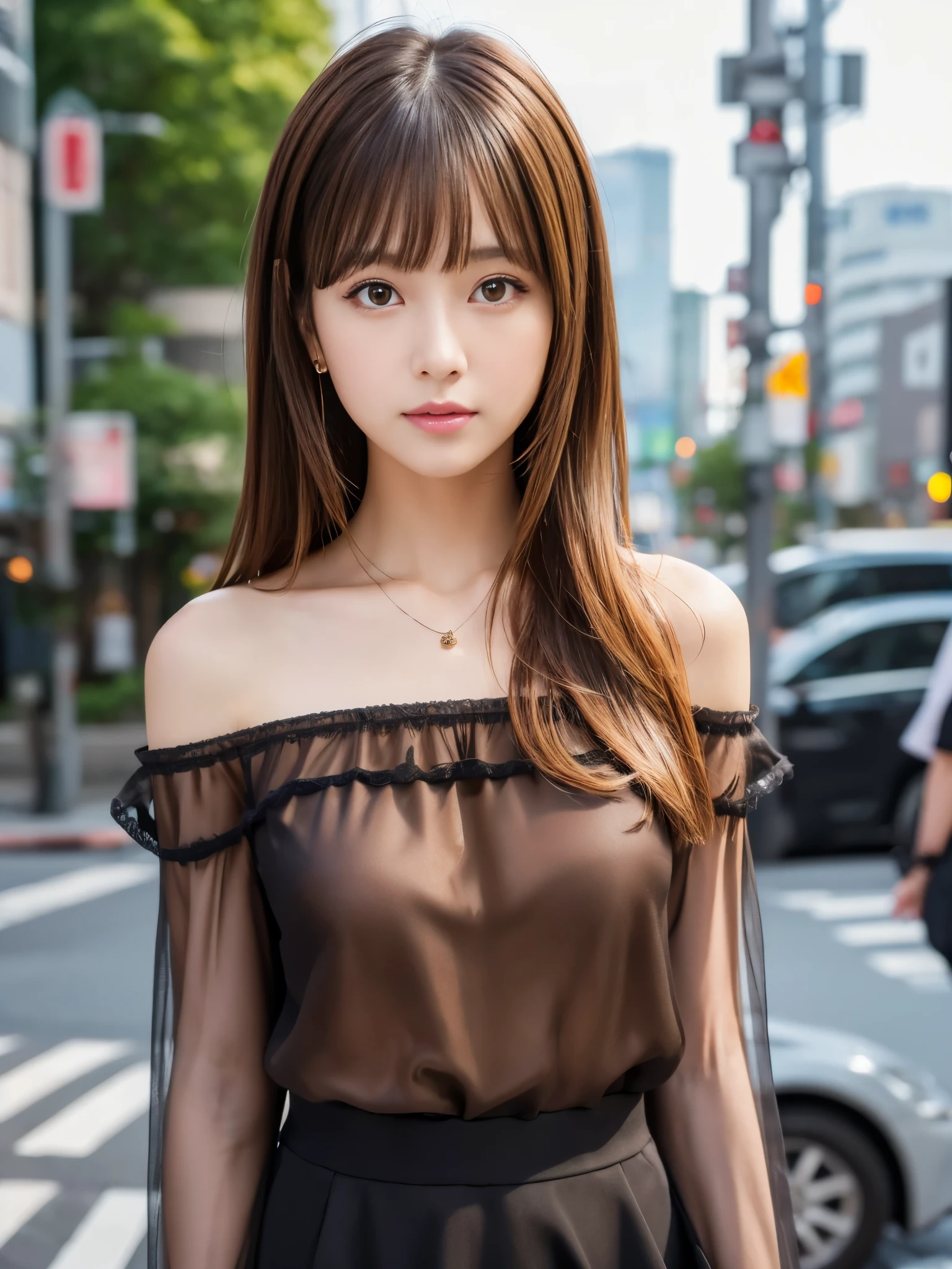 Ultra-high resolution, Superior Quality, Highest quality, Super detailed, Realistic, 8k, RAW Photos, Highest quality, masterpiece, attractive, wonderful, Brown Hair, Shoulder-length layered, Asymmetrical bangs, Japanese Idols, Sophisticated, stylish, blouse,Shibuya Ward,