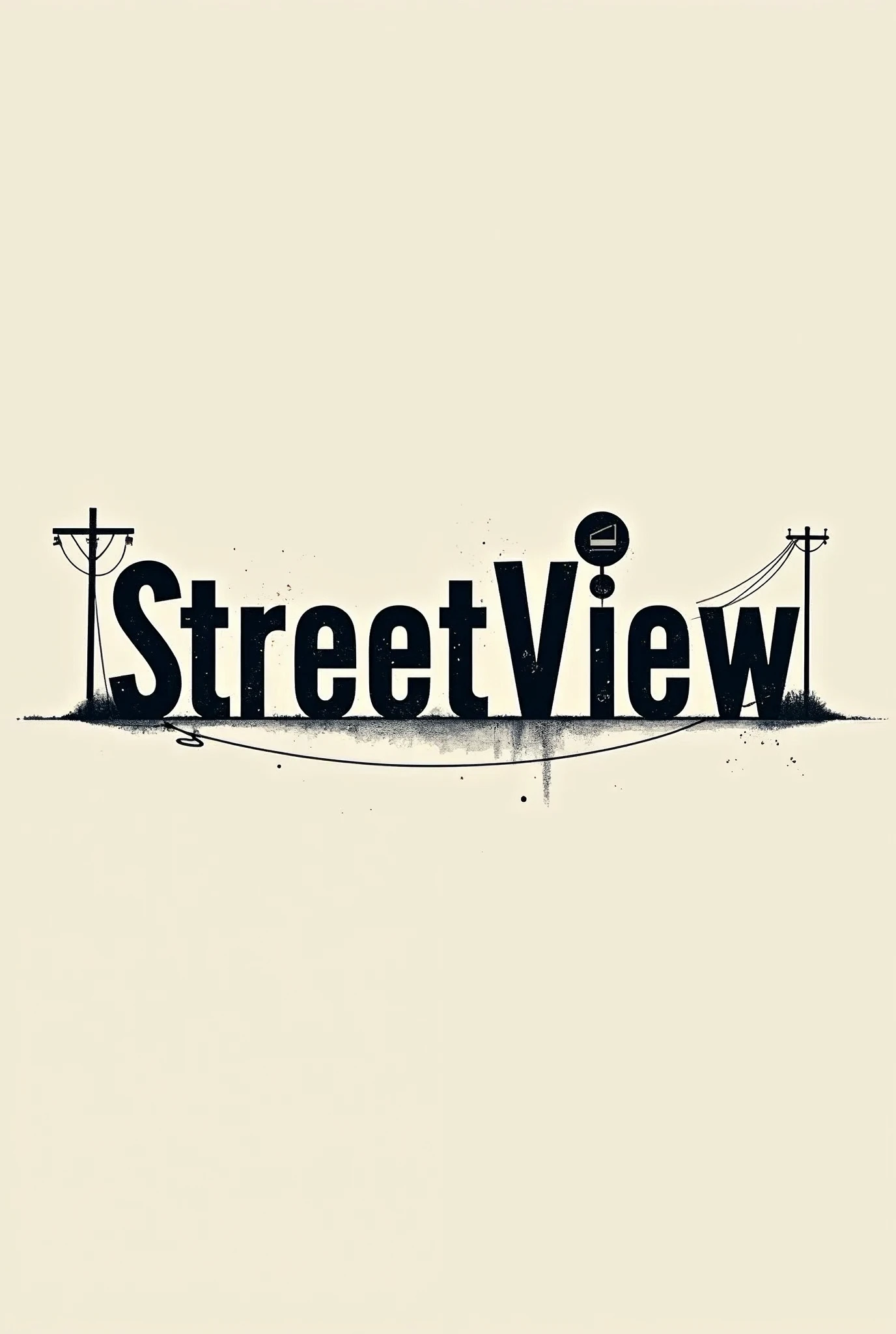 A logo for 'StreetView' featuring bold, street-inspired typography, arranged in a straight line with no background. The text should have a gritty, urban feel with a street road protruding out from the letters, seamlessly integrated into the design. Include a street sign attached to one of the letters, an electric pole, and a camera icon, all positioned creatively along the same line as the text. The design should be clean, with elements spread evenly, capturing the essence of street life without overcrowding the composition.