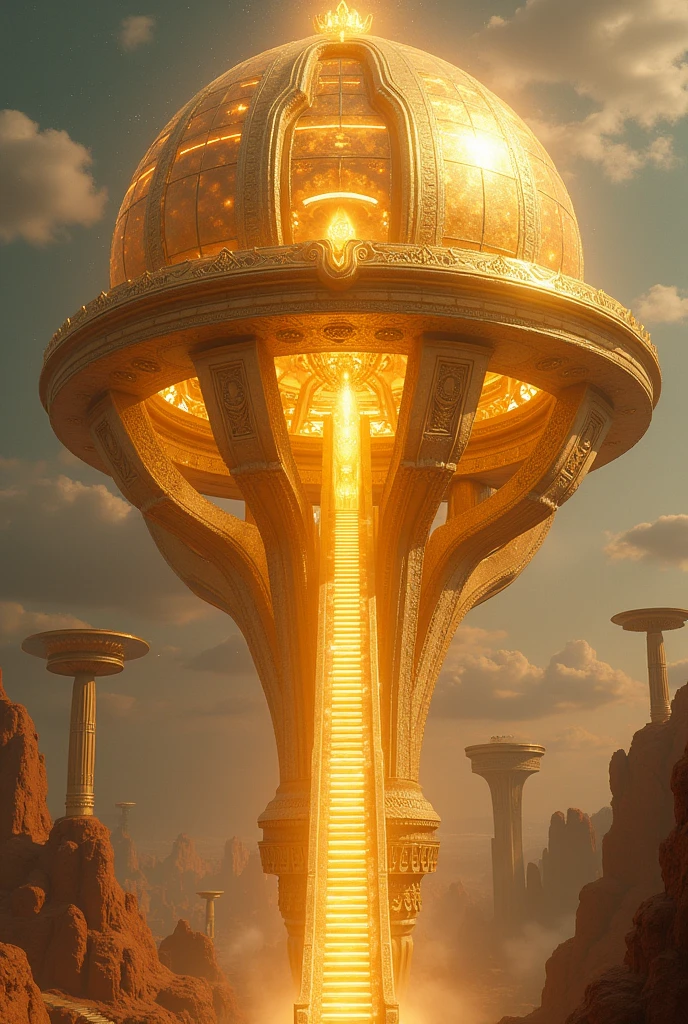 A spherical floating sun temple , made of gold and glass of elegant style. It is floating in the sky and is connected to the land by a gigantic staircase made of sun rays. The building is magical and mystical. It has its city surrounding it, simmilar to the summerian cities.