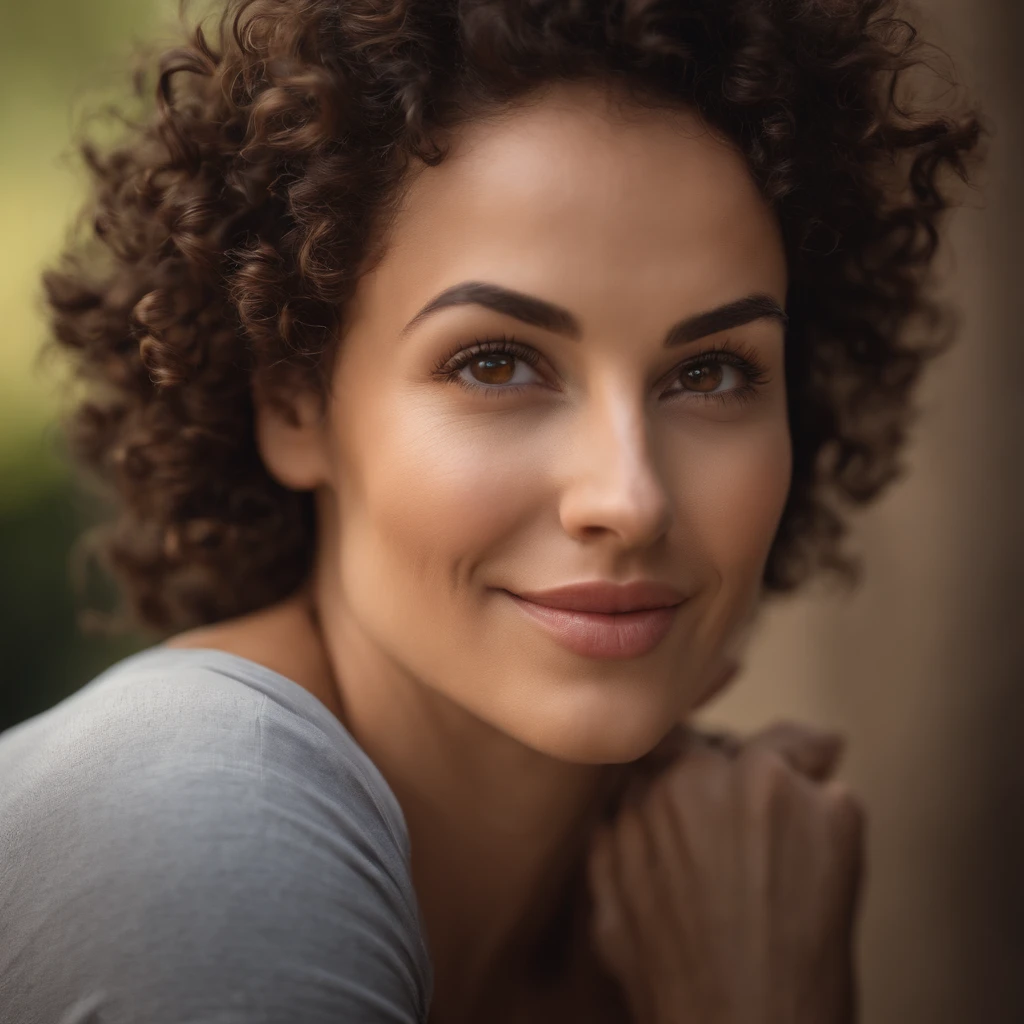 Close up photo of an athletic brunette woman, very short curly hair, light and cheerful round face, brown eyes, thin lips and thin nose.