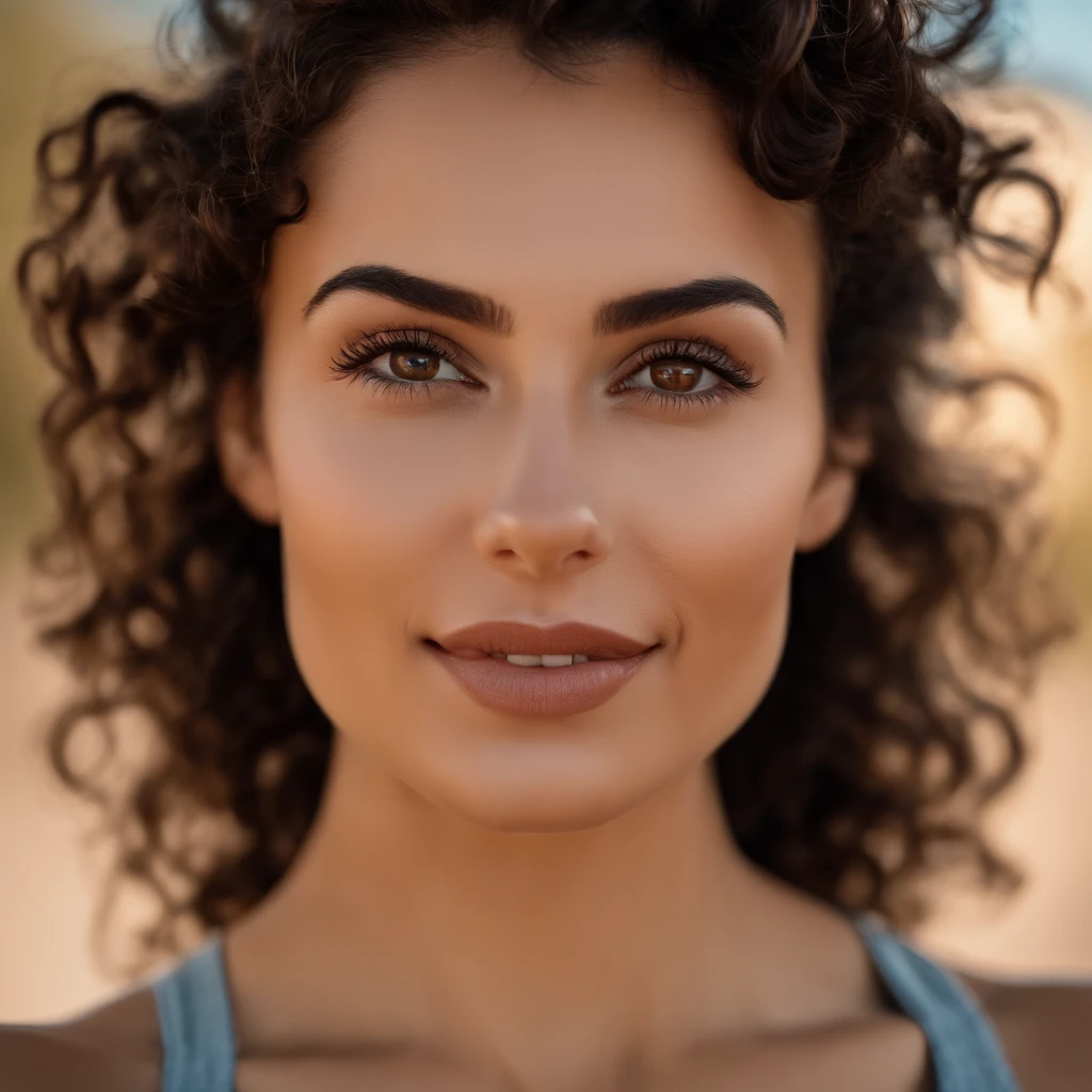 Close up photo of an athletic brunette woman, very short  curly hair, light and cheerful round face, brown eyes, thin lips and thin nose.