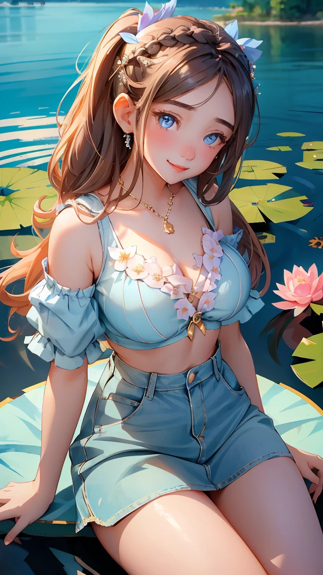 ( 1 girl),smile、Look into the camera、diamond necklace、braided hair, Wear a denim skirt and a random colored tank top that reveals your upper arms.、Extra long twin tail feathers、Flower Hair Ornaments、 Masterpiece, Highest quality, 8ก, beautiful girl, young face、 photography, Cute face, thigh,(Sitting in a lotus pond),、รอยsmile、small waist, blue eyes(((The chest is erect...)))(((round chest)))(((big breasts:1.2)))