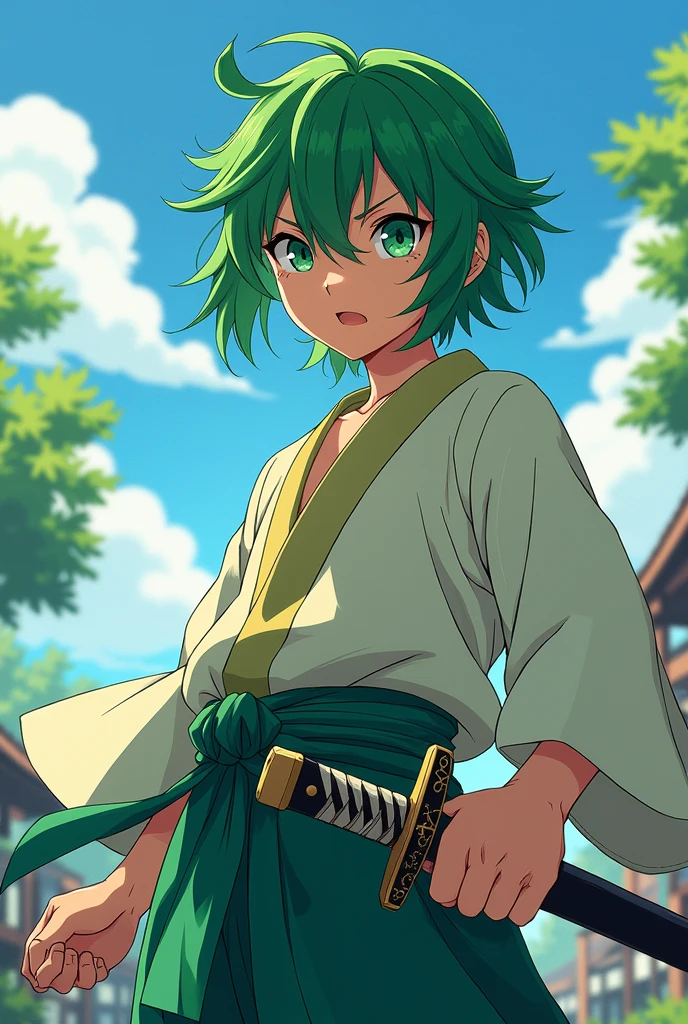 Anime samurai teenager boy with green hair