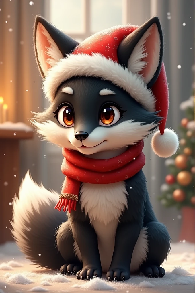 Furry, black and white fox, male body, Christmas hat on head