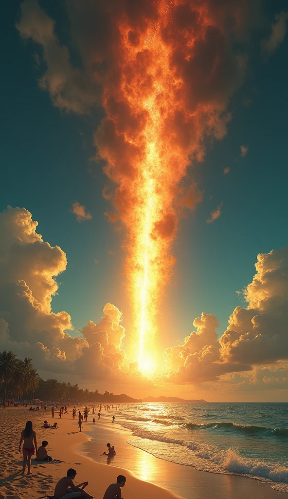 A beach scene where the sky darkens and the atmosphere becomes tense as a meteor approaches and falls onto the beach. The once bright and sunny beach, with people swimming and sunbathing, is overshadowed by the meteor's ominous presence. The sky shows a growing fireball, and the overall ambiance shifts from peaceful to foreboding, with a shadowy aura enveloping the beach as panic begins to spread with the meteor crashing down on the sand.