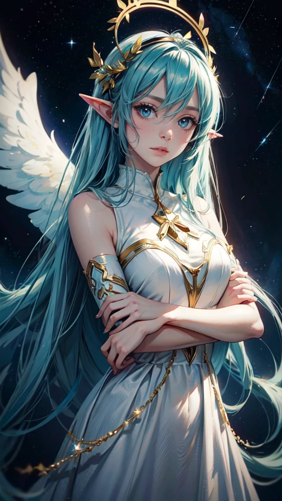 masterpiece, best quality, hatsune miku, white gown, angel, angel wings, golden halo, dark background, upper body, (closed mouth:1.2), looking at viewer, arms behind back, blue theme, stars, starry night,detailed eyes, detaield hands, detailed face, elf woman