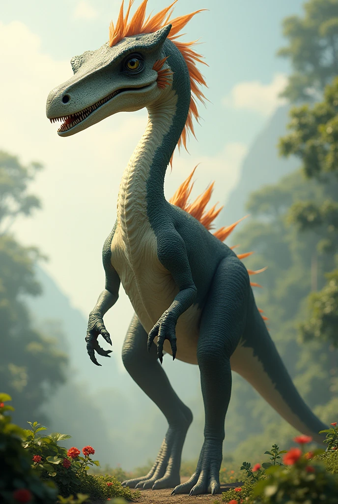 Fictional herbivorous dinosaur, 5 meters tall and slender in appearance, 4 eyes on the skull, with a thick beak, with 67cm teeth, having long arms and claws of 5 meters, with a long neck of 5 meters of feathered torso and long legs that allow it to run over 46 M long, having a long tail of 8 meters and full of feathers