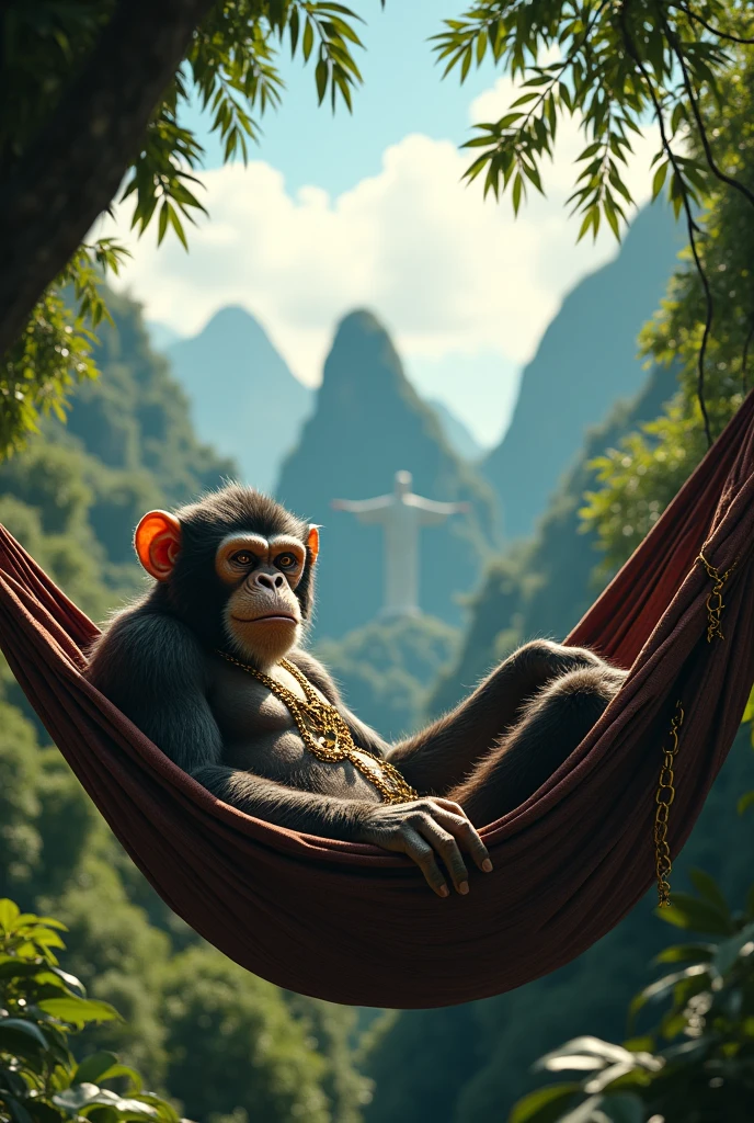 A monkey looking like a thug , lying in a hammock in a tree in the middle of the rainforest, with a view of the Sugarloaf Mountain and Christ the Redeemer in the background.