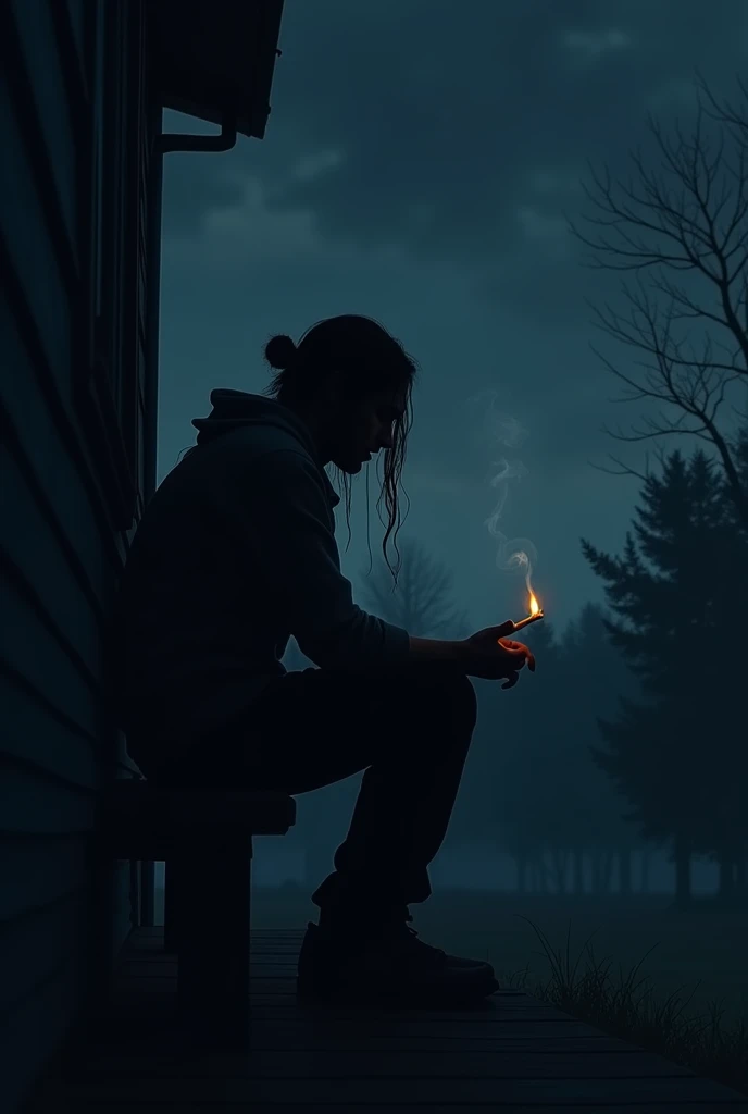 The silhouette of a man sitting on the porch of the house,sad atmosphere,A cigarette slipped in his hand,The heavy burden of life,the night,Long hair is tied up,dark light.silent