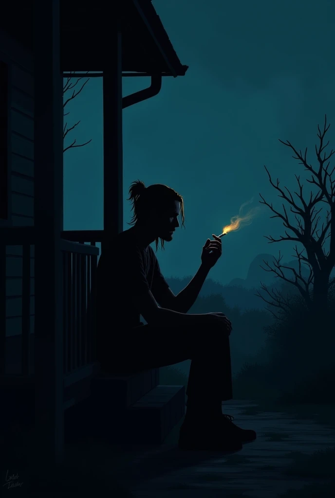 The silhouette of a man sitting on the porch of the house,sad atmosphere,A cigarette slipped in his hand,The heavy burden of life,the night,Long hair is tied up,dark light.silent